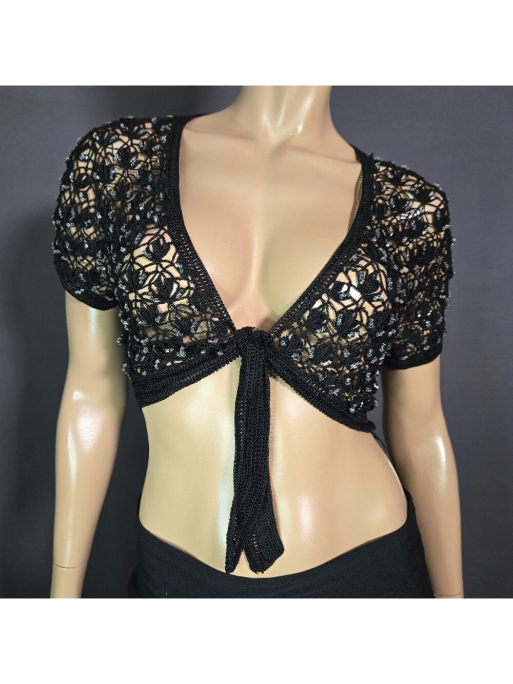 Vintage Y2K Black Beaded Crochet Tie Front Shug Bolero Cardigan Size M